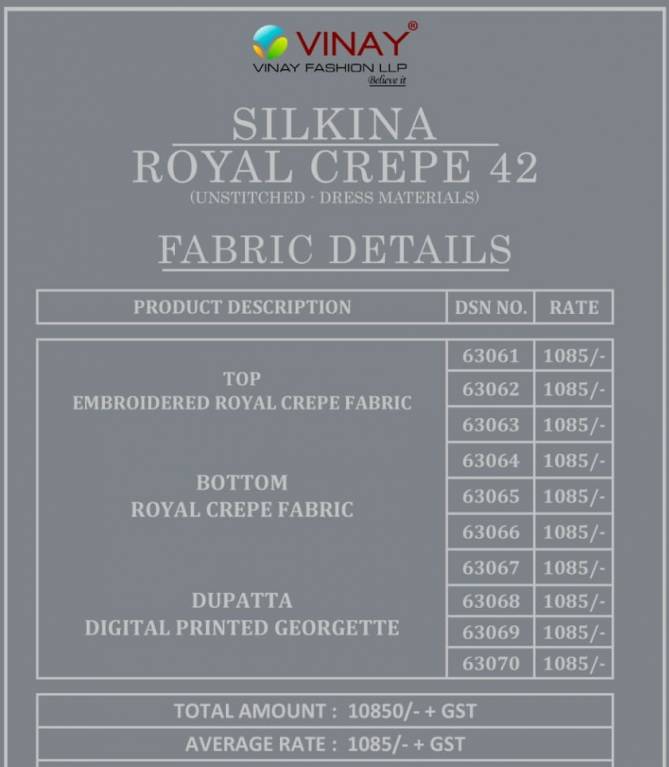 Vinay Silkina Royal Crepe 42 Fancy Regular Wear Dress Material Catalog

